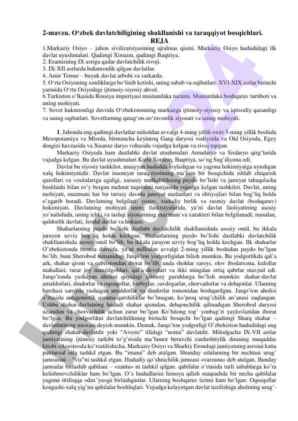 O'zbek davlatchiligining shakllanishi va taraqqiyot