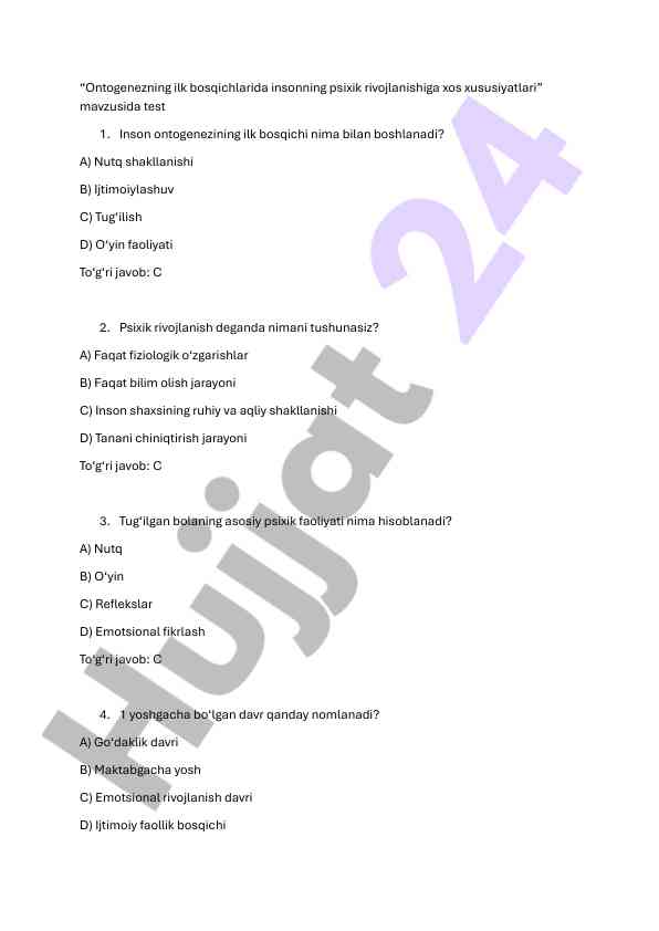Ontogenezda inson psixik rivojlanishi testlar