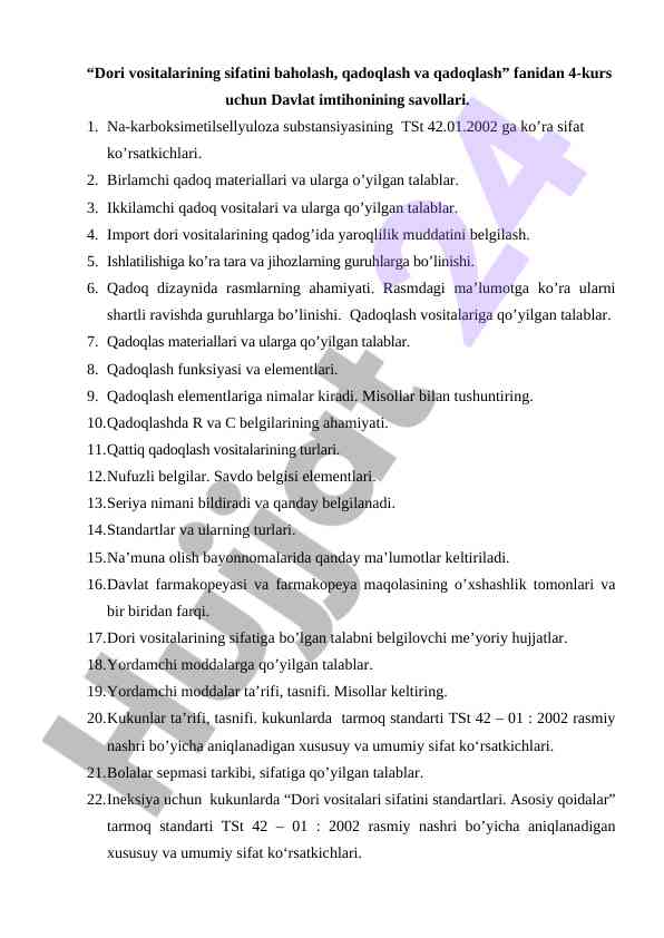 Dori vositalarining sifatini baholash savollari