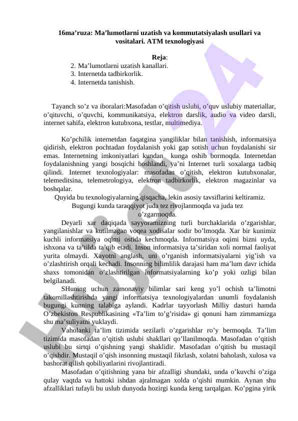 Ma’lumotlarni uzatish va kommutatsiyalash usullari