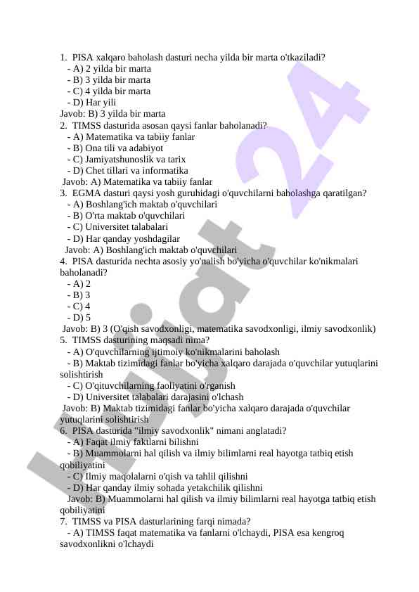 Pisa va timss dasturlari bo'yicha test savollari