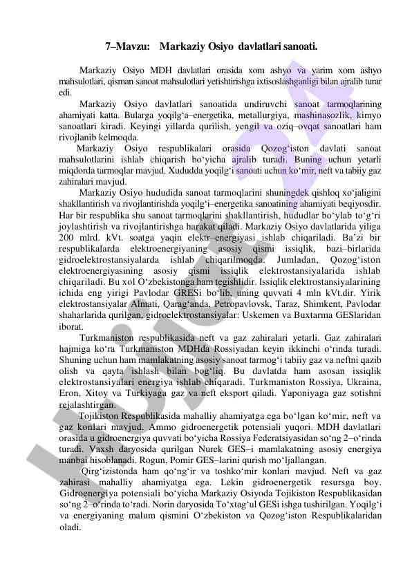 Markaziy osiyo davlatlari sanoati tahlili