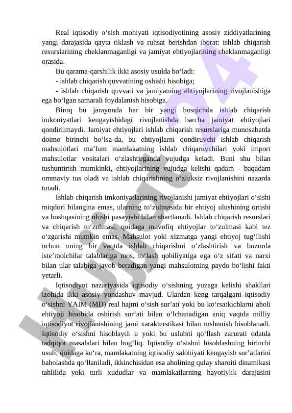 Iqtisodiy o‘sish va ishlab chiqarish imkoniyatlari