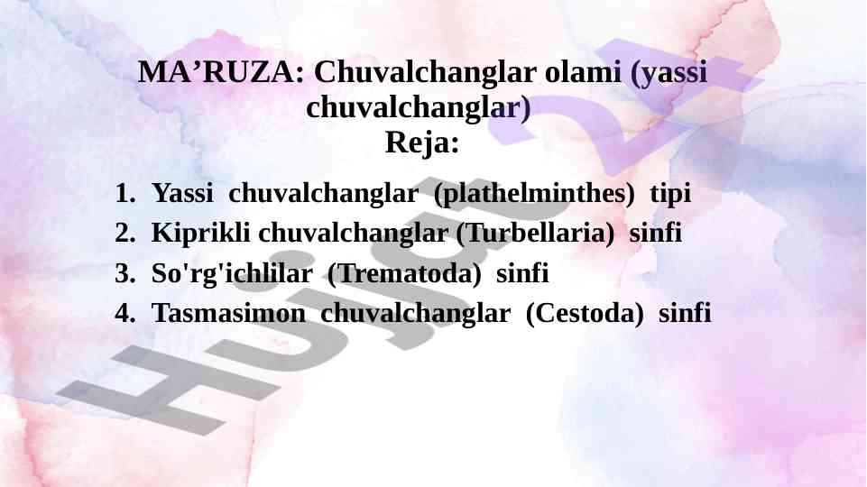 Yassi chuvalchanglar olami reja va tasnifi