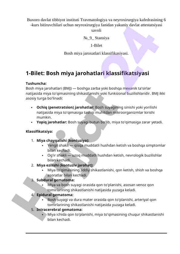 Bosh miya jarohatlari klassifikatsiyasi savoli