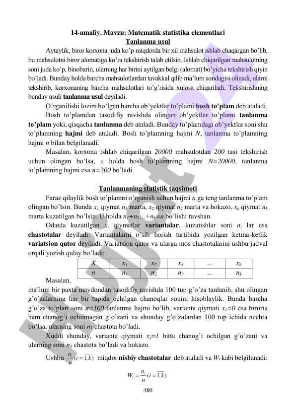 Matematik statistika elementlari va tanlanma usullari