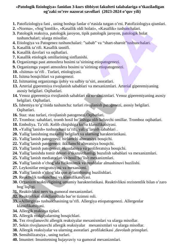Patologik fiziologiya kursi savollari