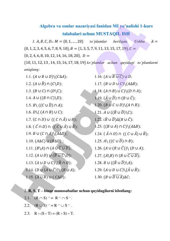 Algebra va sonlar nazariyasi fanidan mustaqil ish