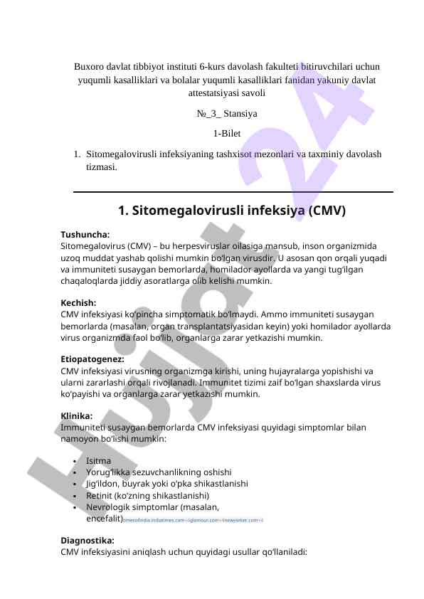 Sitomegalovirusli infektsiyaning diagnostika mezoni