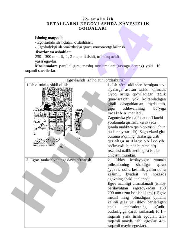 Amaliy ish detallarni egovlashda xavfsizlik qoidalari
