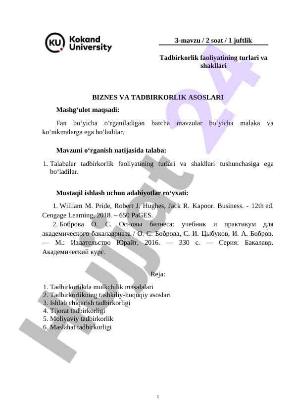 Tadbirkorlik faoliyatining turlari va shakllari