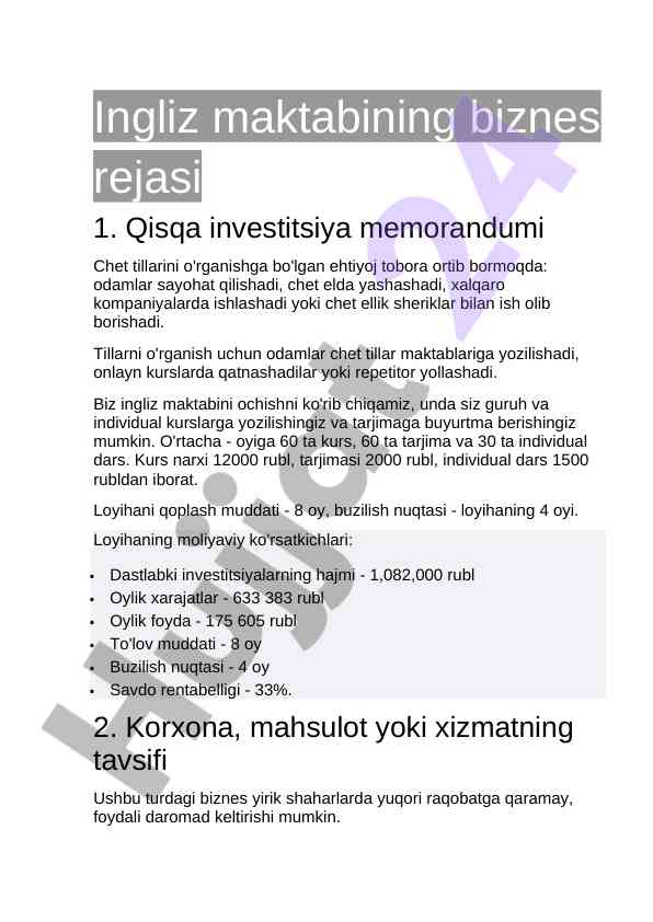 Ingliz maktabi biznes rejasi va investitsiya memorandumi