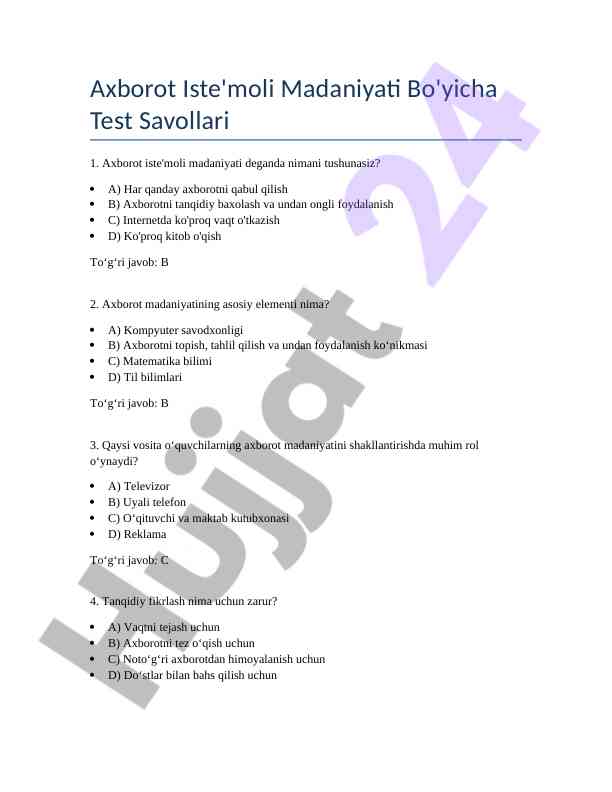 Axborot iste'moli madaniyati bo'yicha test savollari