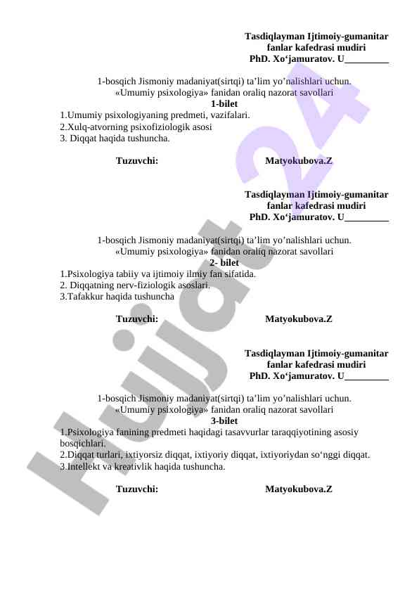 Umumiy psixologiya fanidan nazorat savollari