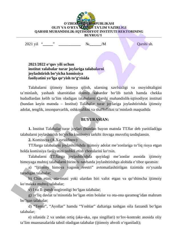 Talabalarni joylashtirish bo‘yicha komissiya faoliyati