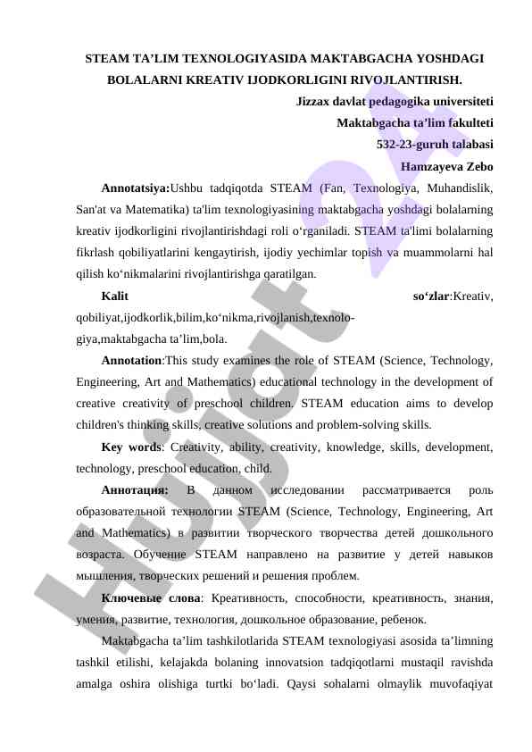 Steam ta'lim texnologiyasida bolalarni ijodkorligi