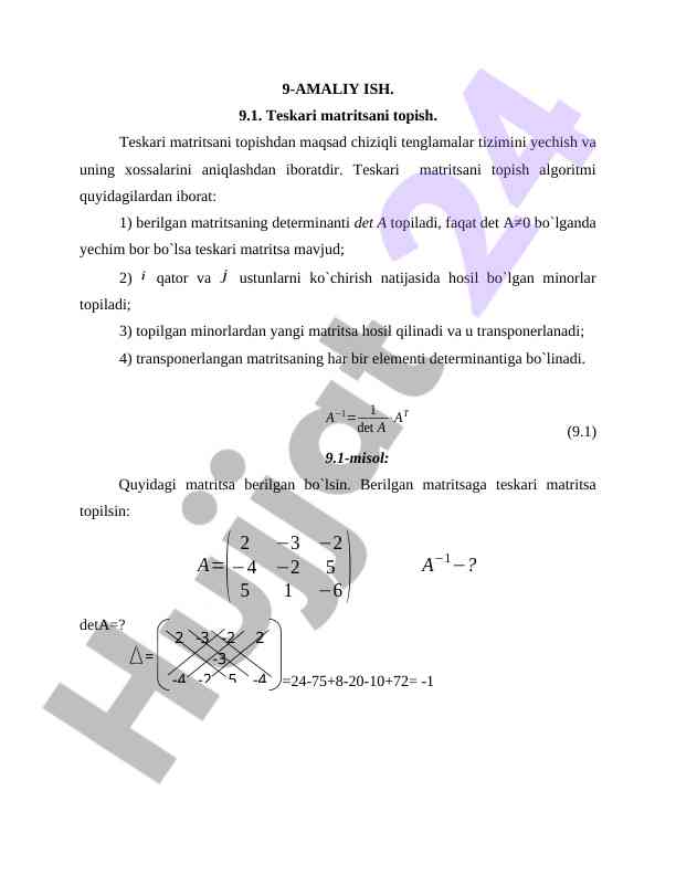 Teskari matritsani topish amaliyoti