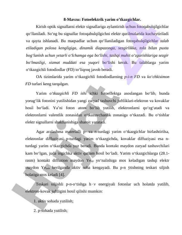 Fotoelektrik yarim o'tkazgichlar tahlili