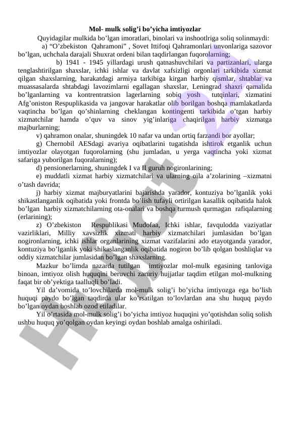 Mol-mulk solig’i bo’yicha imtiyozlar tahlili