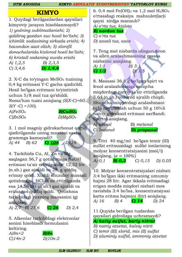 Kimyo tayyorlov kursi test savollari