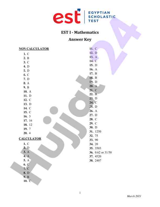 Mathematics answer key non calculator and calculator