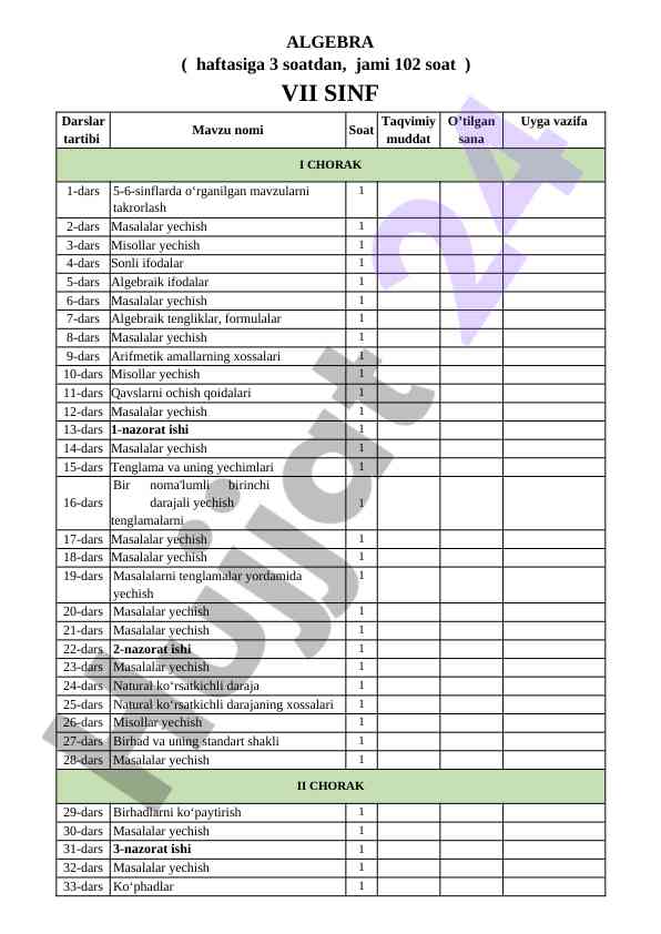 Algebra darslari: 102 soatlik o‘qitish rejasi