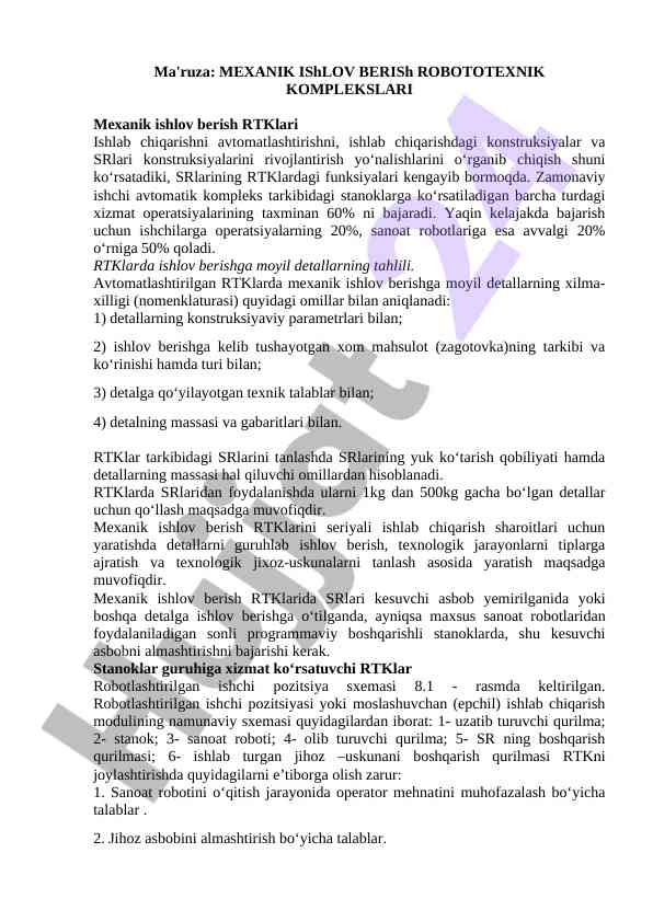 Mexanik ishlov berish robototexnik komplekslari tahlili