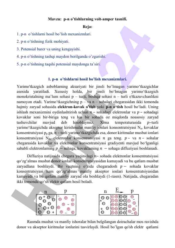 P-n o’tishlarning volt-amper tasnifi