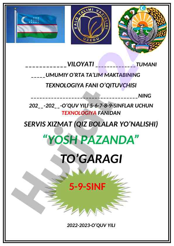 Yosh pazanda to‘garagi yillik ish rejasi