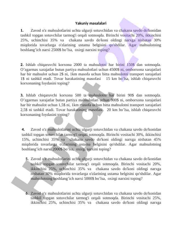 Narxni hisoblash bo'yicha misollar