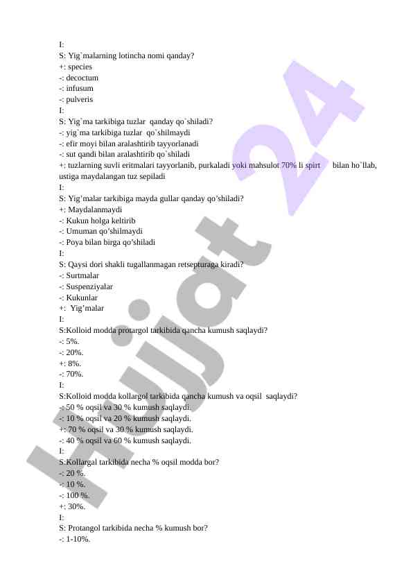 Yig`malar va kolloid moddalar haqida savollar
