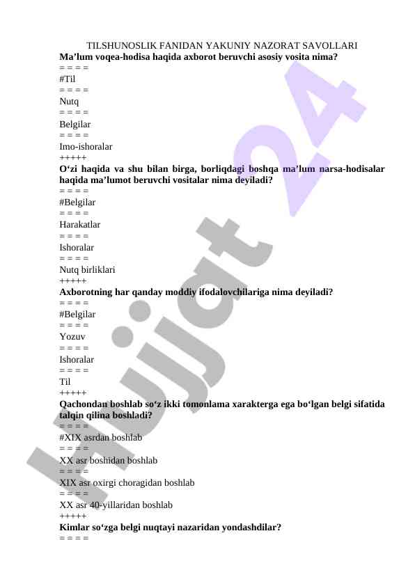 Tilshunoslik fanidan yakuniy nazorat savollari