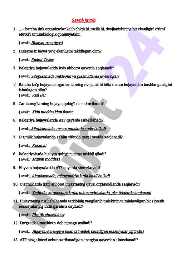 Biologiya hujayra nazariyasi savollari va javoblari