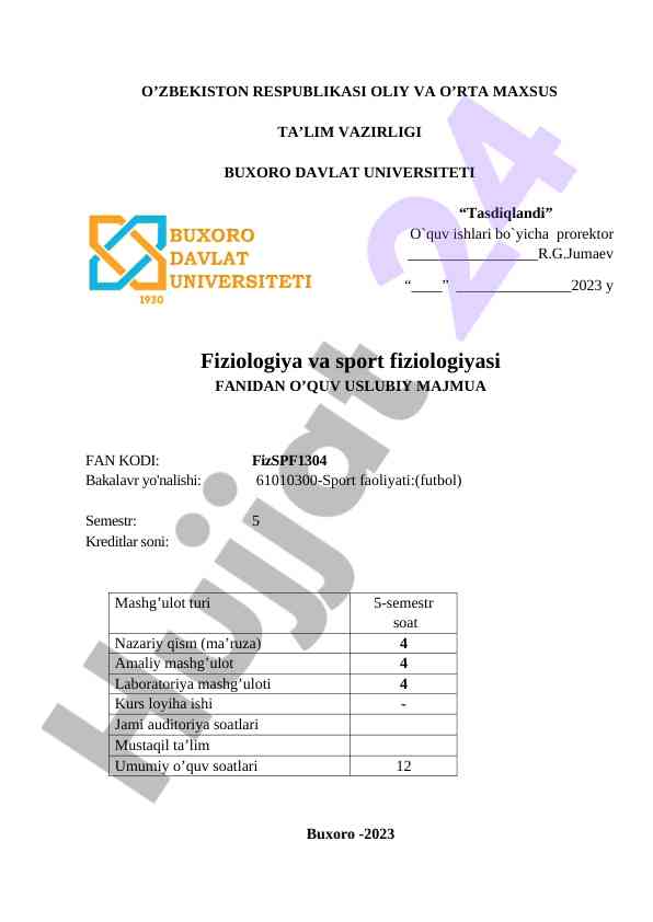 Fiziologiya va sport fiziologiyasi o‘quv uslubiy majmua