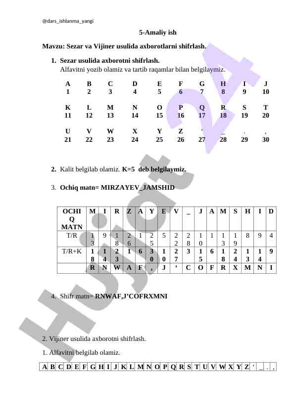 Sezar va vijiner usulida axborotlarni shifrlash