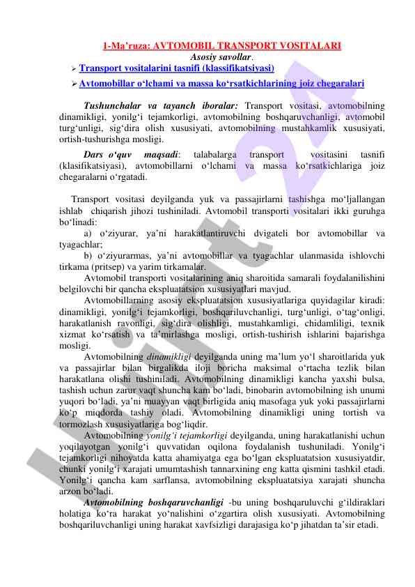 Avtomobil transport vositalari tasnifi