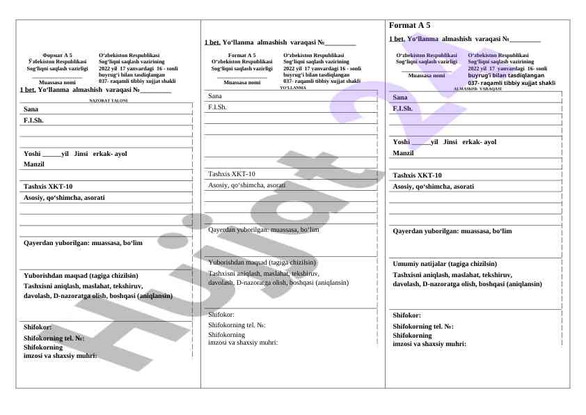 Format A5 Tibbiy Xujjat Shakli