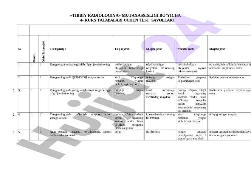 Test savollari 4-kurs talabalari uchun tibbiy radiologiya