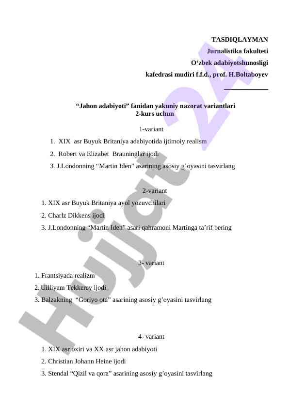 Adabiyot fanidan yakuniy nazorat variantlari
