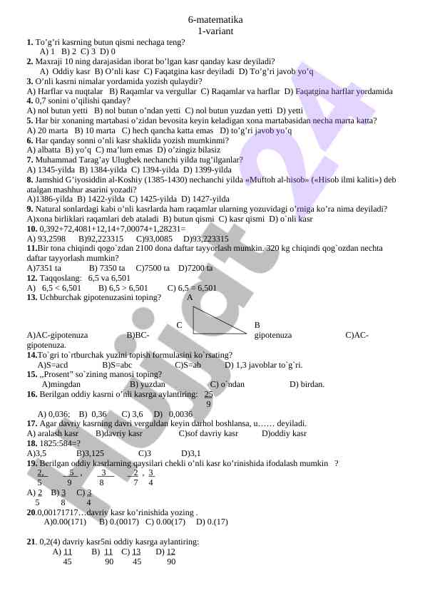 Matematika testi: to'g'ri kasr va o'nli kasr