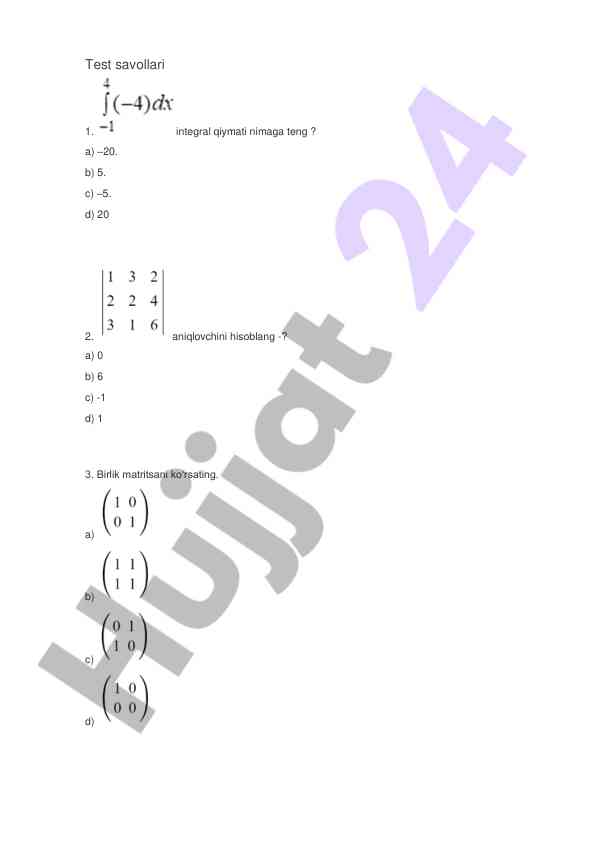 Matematika test savollari kolleksiyasi