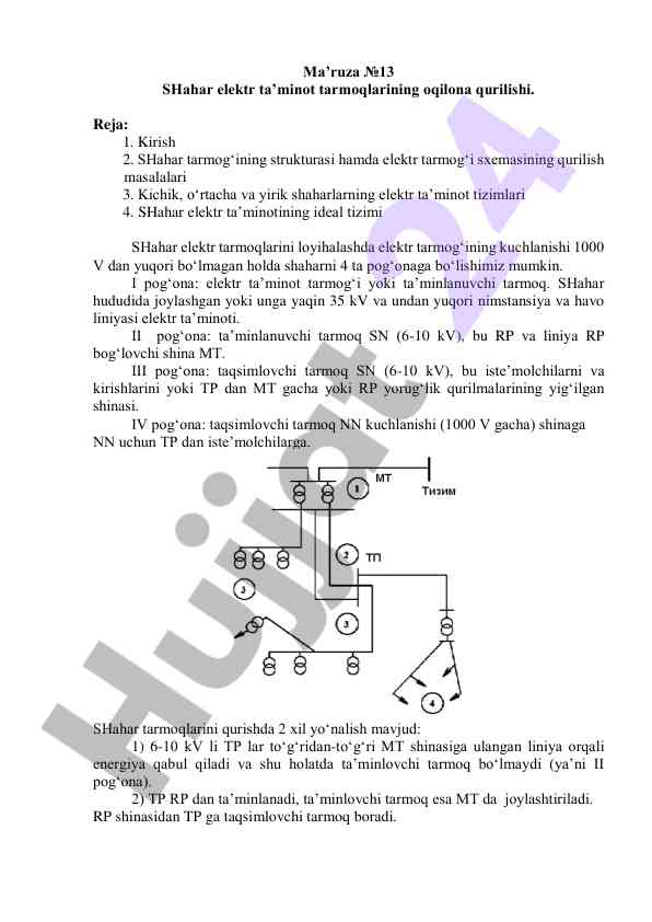 Shahar elektr taminoti tarmoqlarining oqilona qurilishi