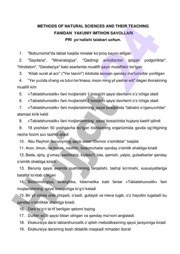 Tabiatshunoslik fanidan yakuniy imtihon savollari