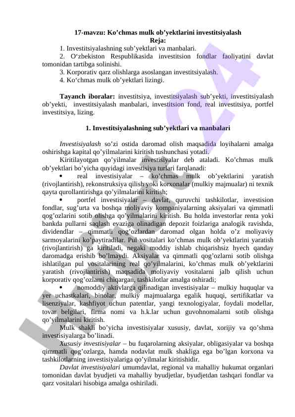 Ko’chmas mulk ob’yektlarini investitsiyalash
