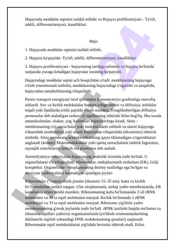Hujayra moddalari oqimi va proliferatsiyasi tahlili