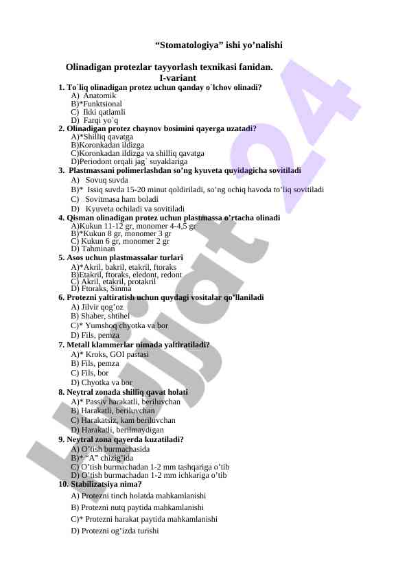 Olinadigan protezlar tayyorlash test savollari