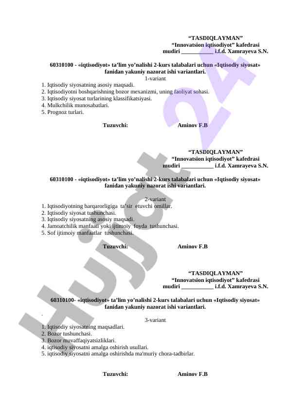 Iqtisodiy siyosat fanidan yakuniy nazorat ishi