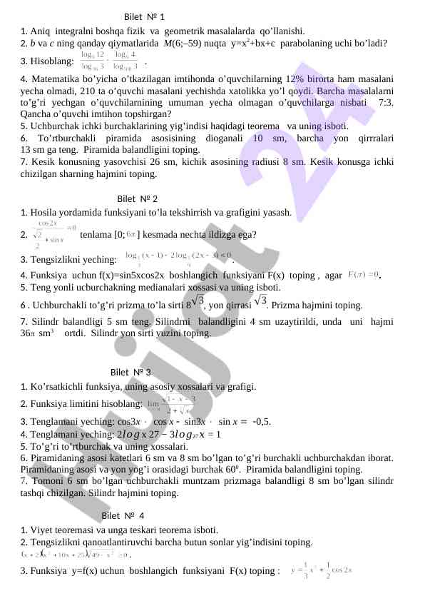 Matematik imtihon savollari biletlariga qo'llanma