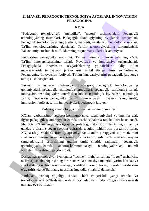 Pedagogik texnologiya asoslari va innovatsion pedagogika