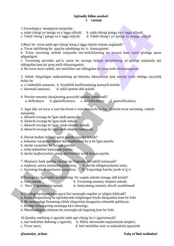 Iqtisodiy bilim asoslari va taklif talab mavzusi
